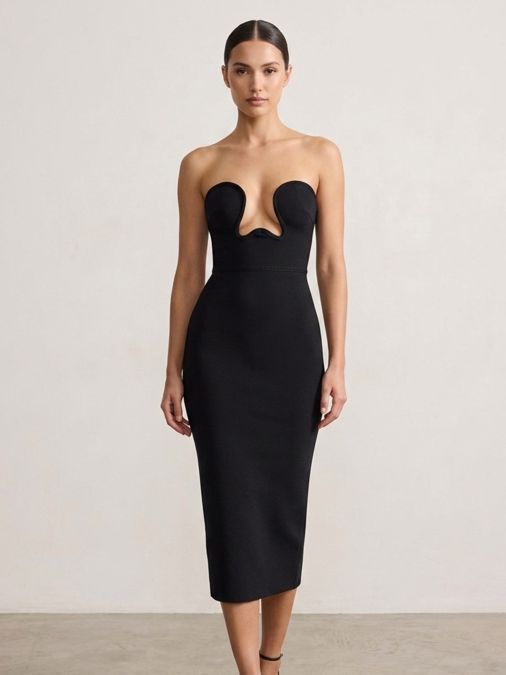 Karen Millen Sz S Black Bodycon Strapless Sexy Midi Dress
